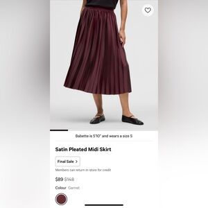Lululemon Satin Pleated Midi Skirt Size Medium, New Without Tags, NWOT, Garnet